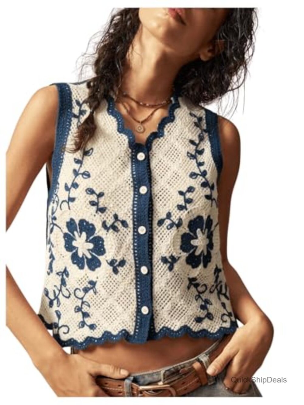 Western Embroidered Cowgirl Vest Boho Knit Sleeveless Button Down